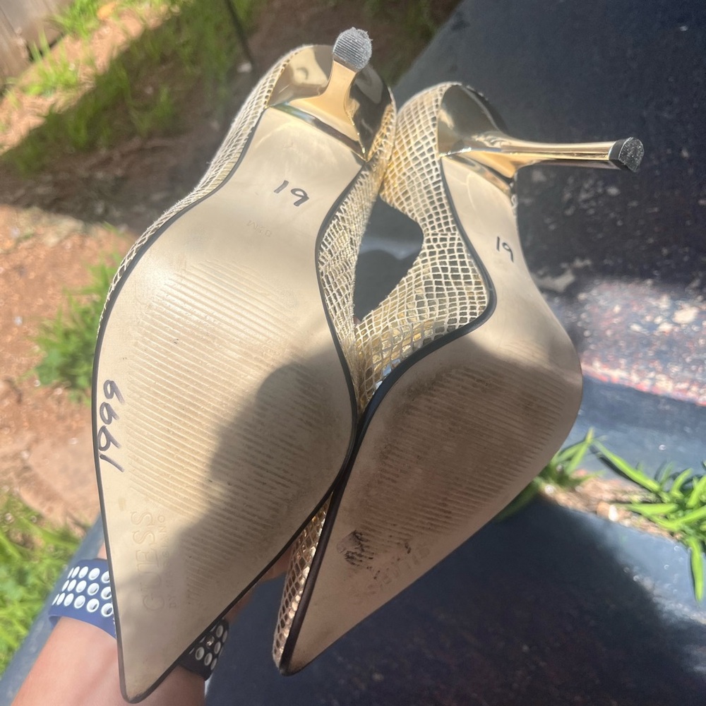 Guess by Marciano Gold Snakeskin Pointed-Toe Stiletto Heels - Picture 3 of 5